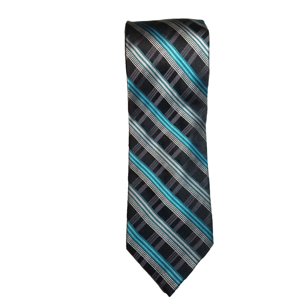 Sun River Clothing Co. Black/Teal/ Silver‎ Stripe Handmade Silk Pointed Tie